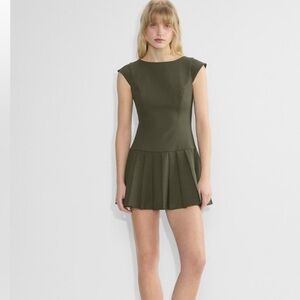 NWT Aritzia Olive Green Cap-Sleeve Pleated Mini Dress